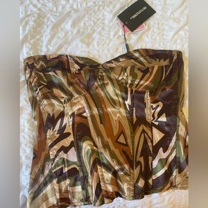 Brown abstract print satin corset - 12 (UK size) strapless with back zipper